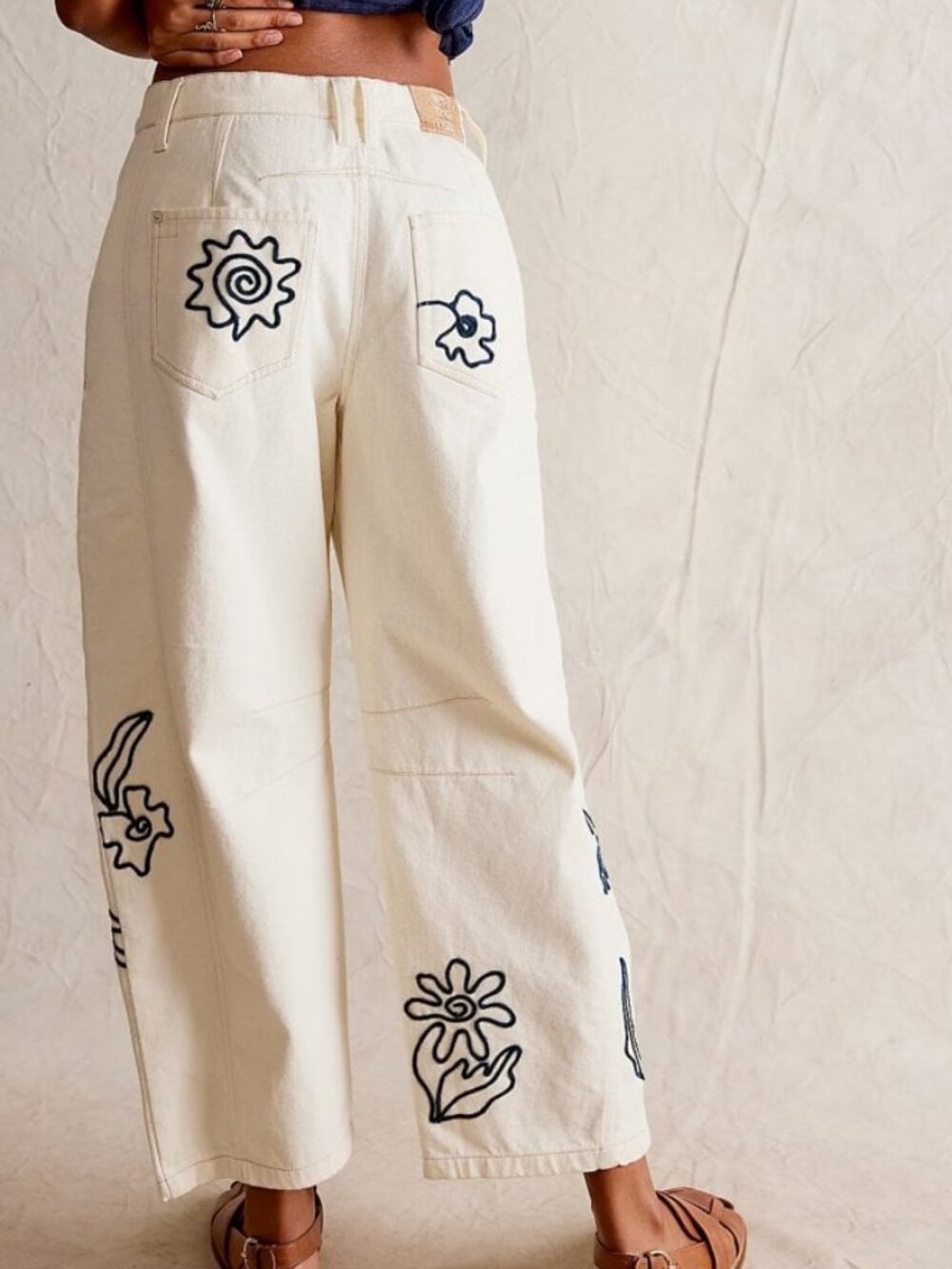 Free People Good Luck Barrel Soutache Floral Embroidered Ivory Combo Jeans 26-28 - Picture 6 of 7